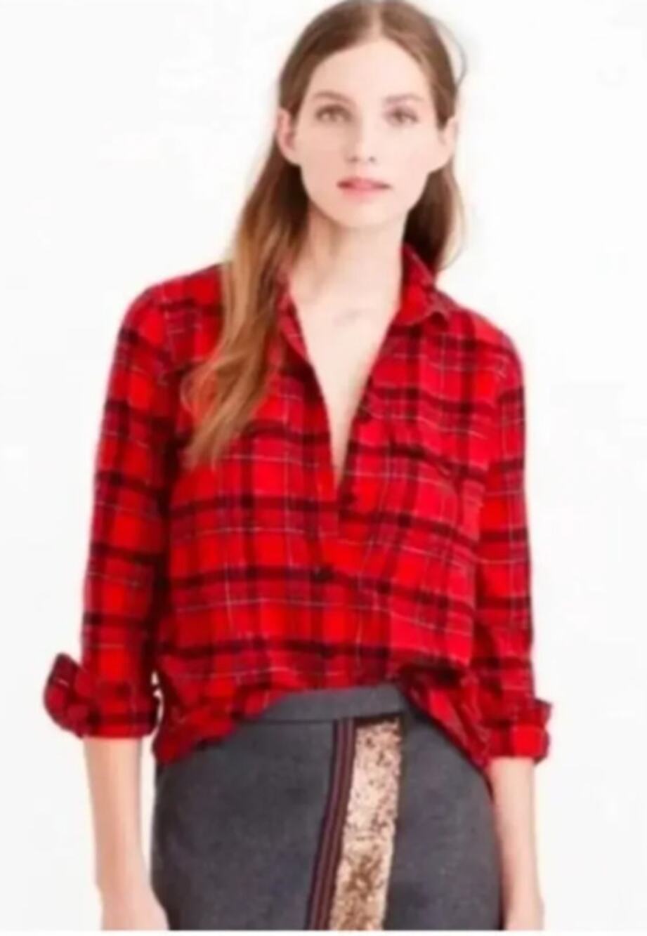 J. Crew Red and Black Windowpane Plaid Flannel Button Down Size 10